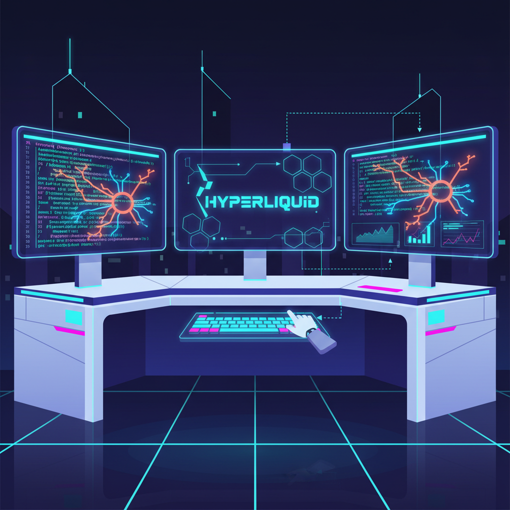 futuristic trading desk with python code screens, RL neural networks glowing, Hyperliquid logo, neon cyberpunk style