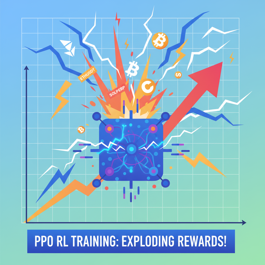 PPO RL training graph exploding rewards, neural net firing, crypto perp symbols flying, energetic lightning effects