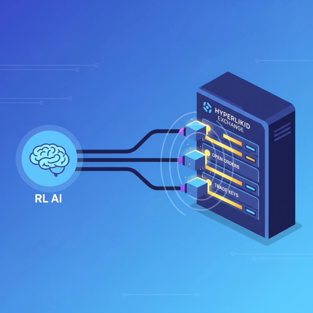 API cables connecting RL AI to Hyperliquid exchange, glowing keys and orders, futuristic plug-in animation