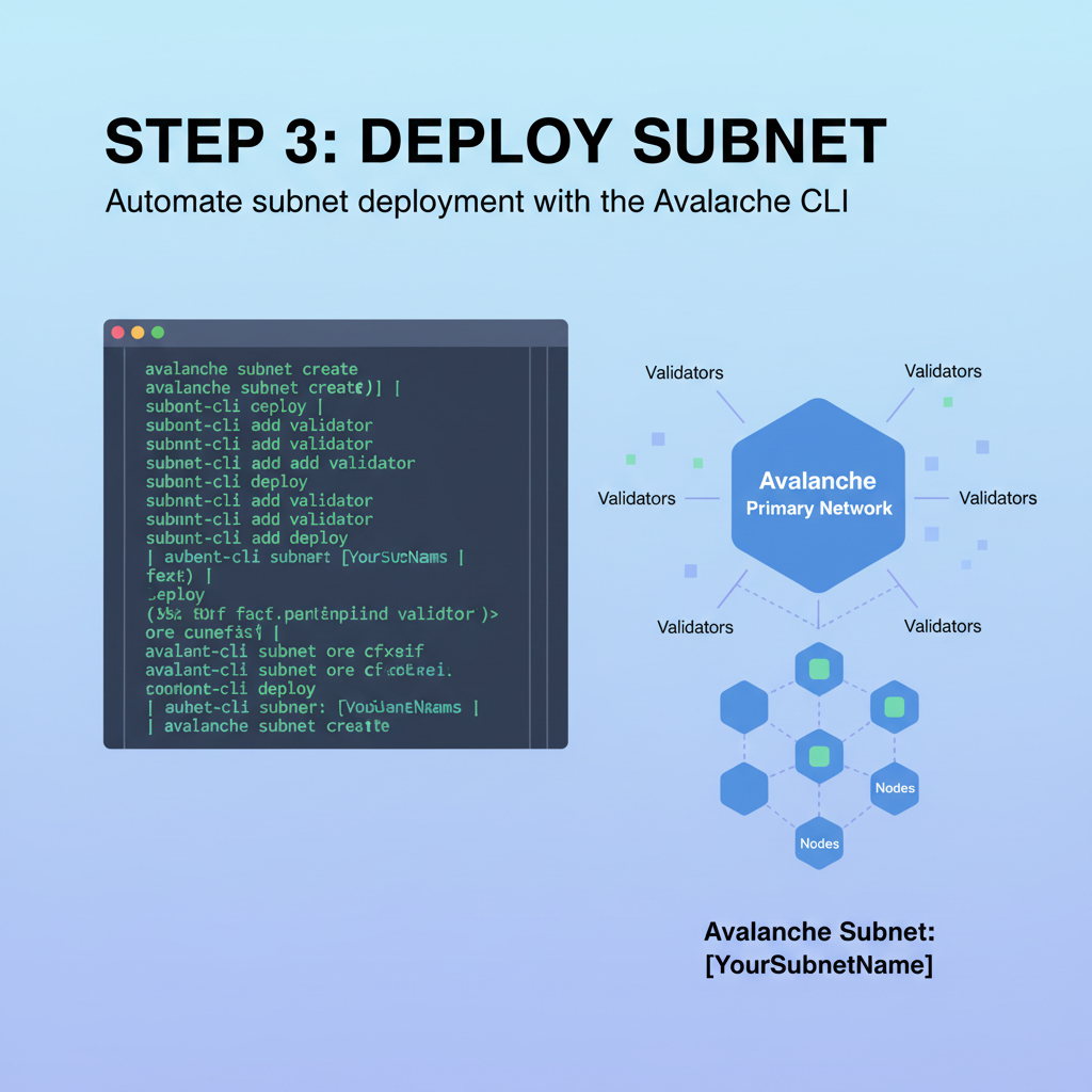 command line terminal creating Avalanche subnet, code scrolling, blockchain network diagram forming