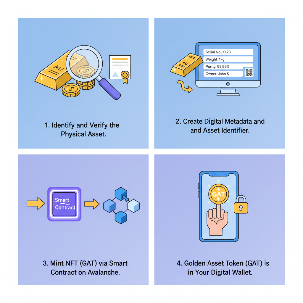 smart contract code deploying RWA tokens on Avalanche, golden assets tokenizing into blockchain