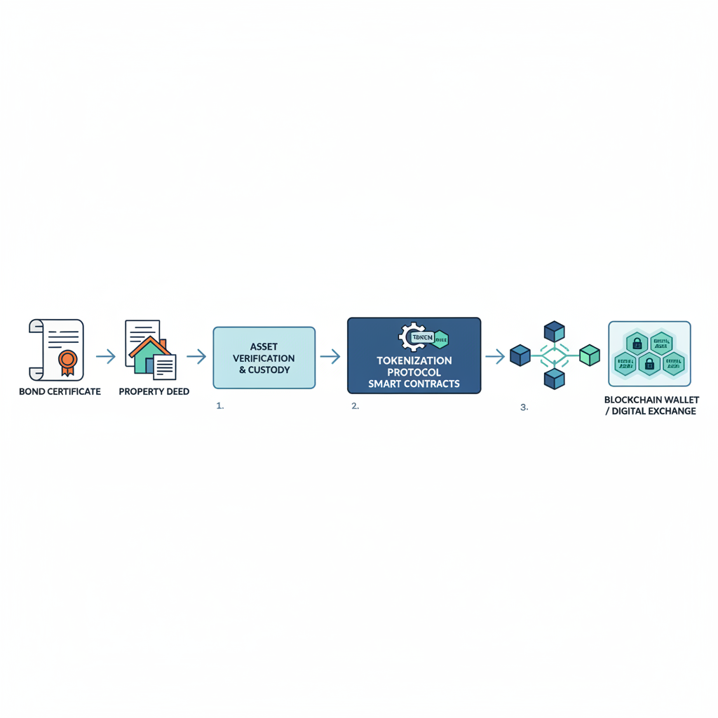 real world assets like bonds and property deeds flowing into blockchain tokens, integration pipeline