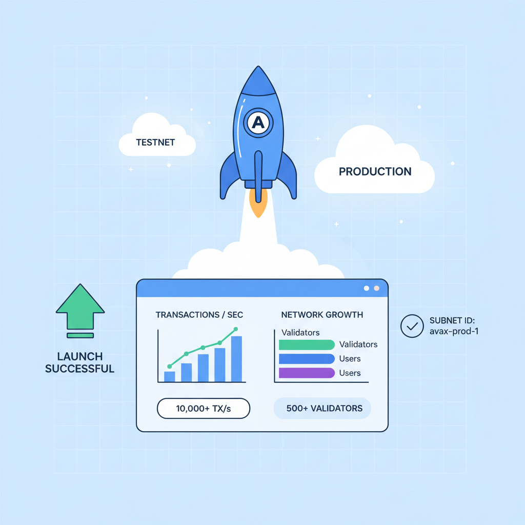 Avalanche subnet launching to production, dashboard showing transactions and growth charts