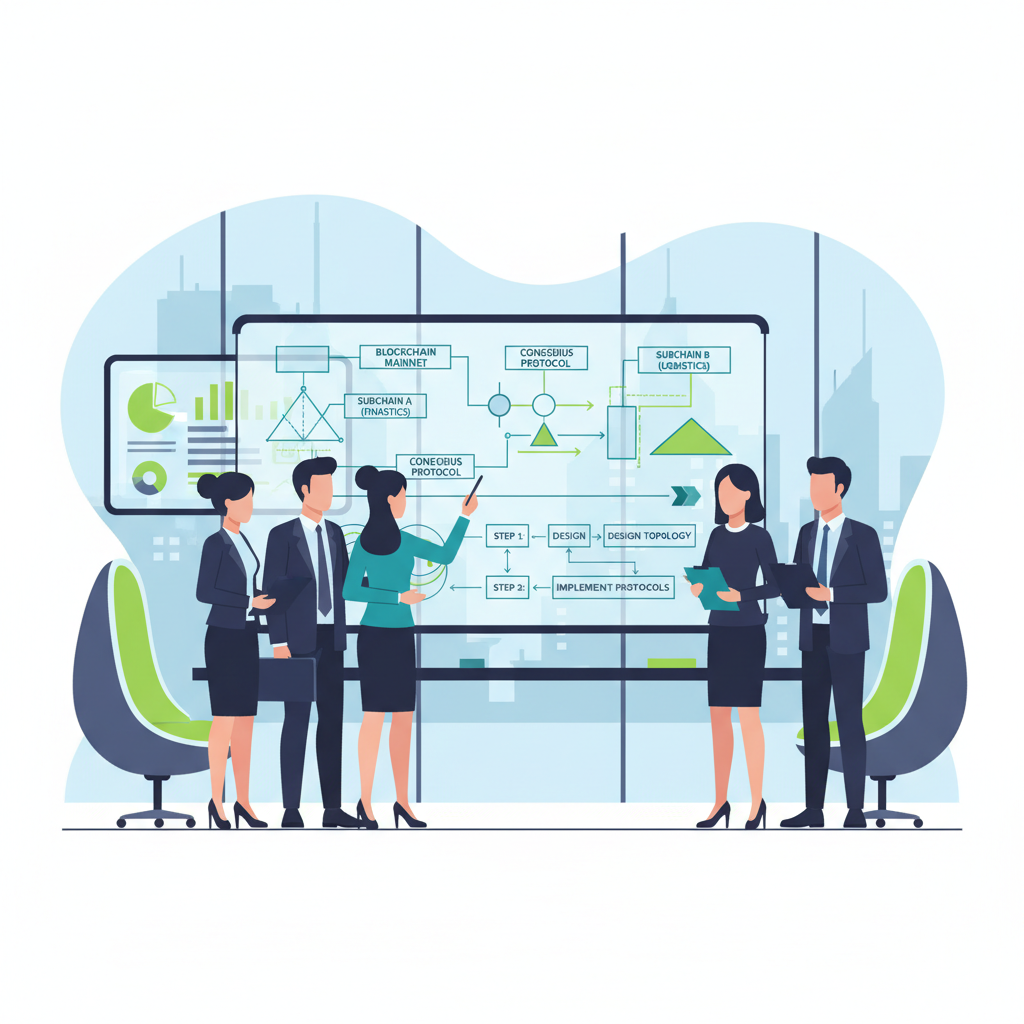 enterprise team planning blockchain subnet architecture on whiteboard, futuristic office, strategic meeting