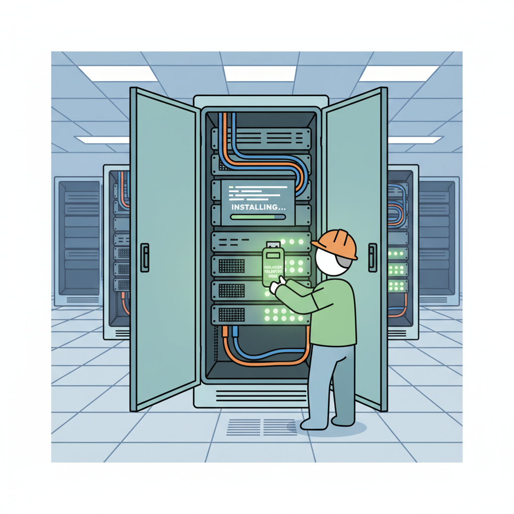 server rack installing Avalanche validator node software, glowing green status lights, data center