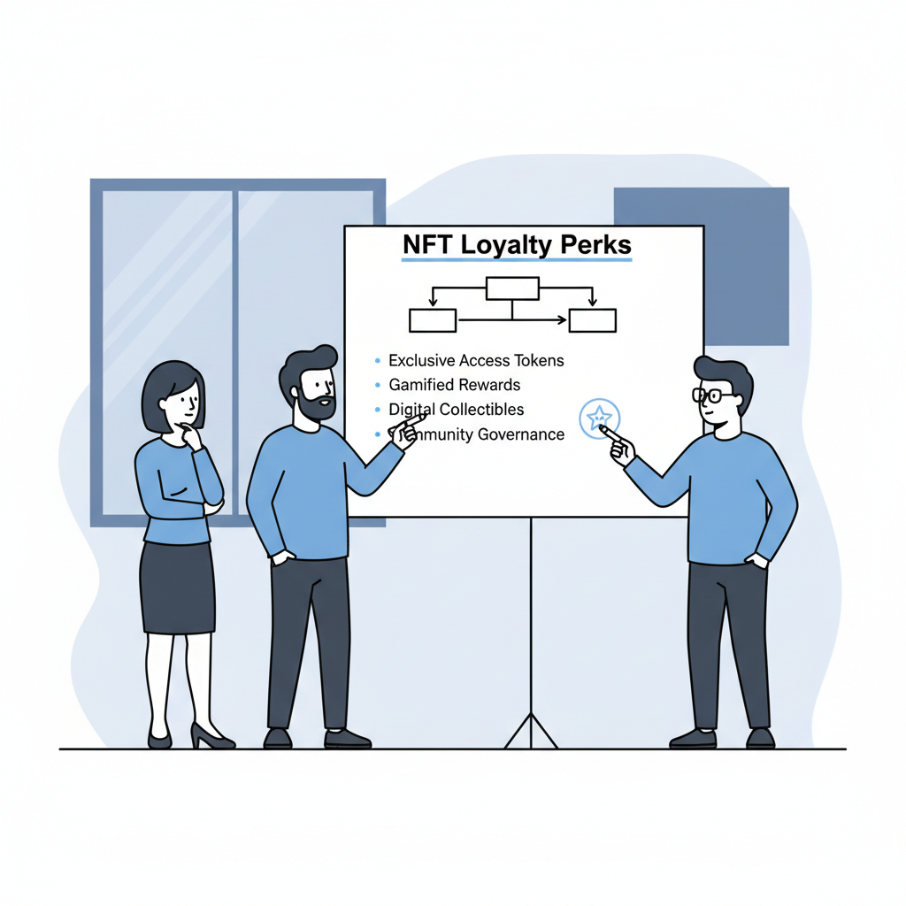 thoughtful business team planning NFT loyalty perks on whiteboard, minimalist illustration