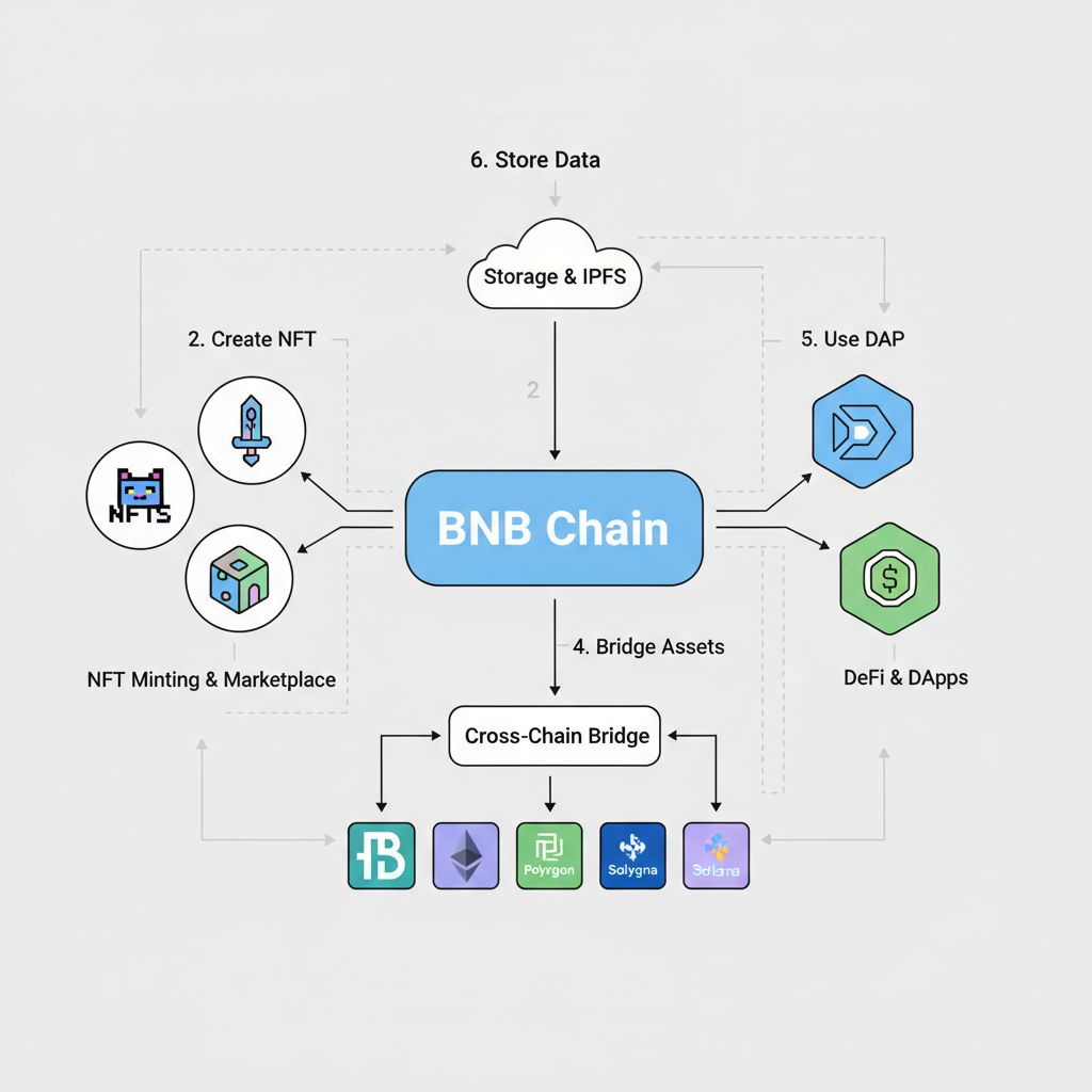 BNB Chain blockchain network diagram with NFT icons, clean tech illustration