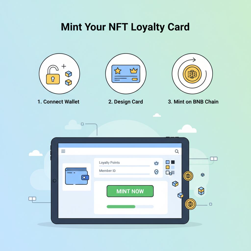 no-code interface minting NFT loyalty cards on BNB Chain, simple digital art