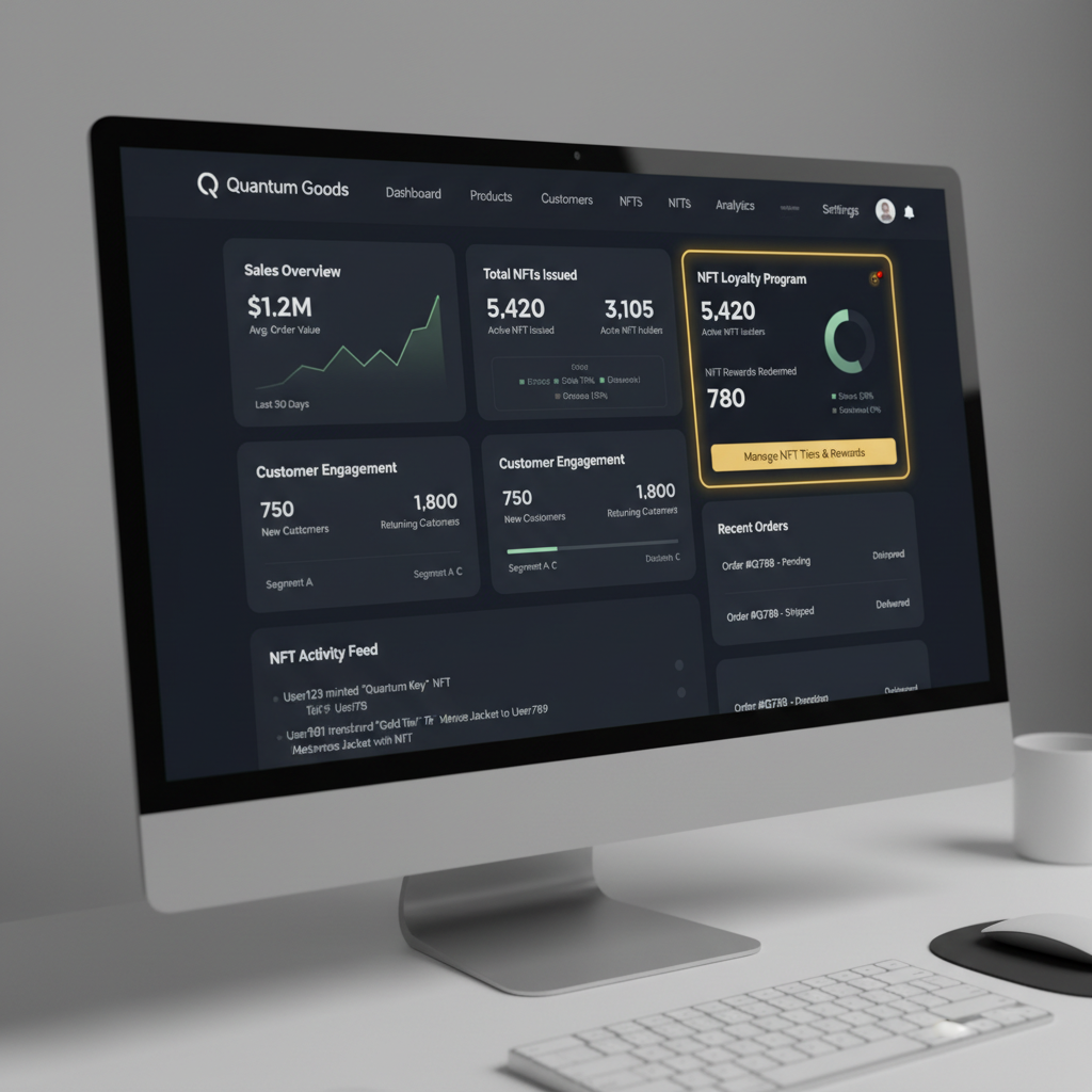 e-commerce store dashboard integrating NFT loyalty system, realistic UI screenshot style