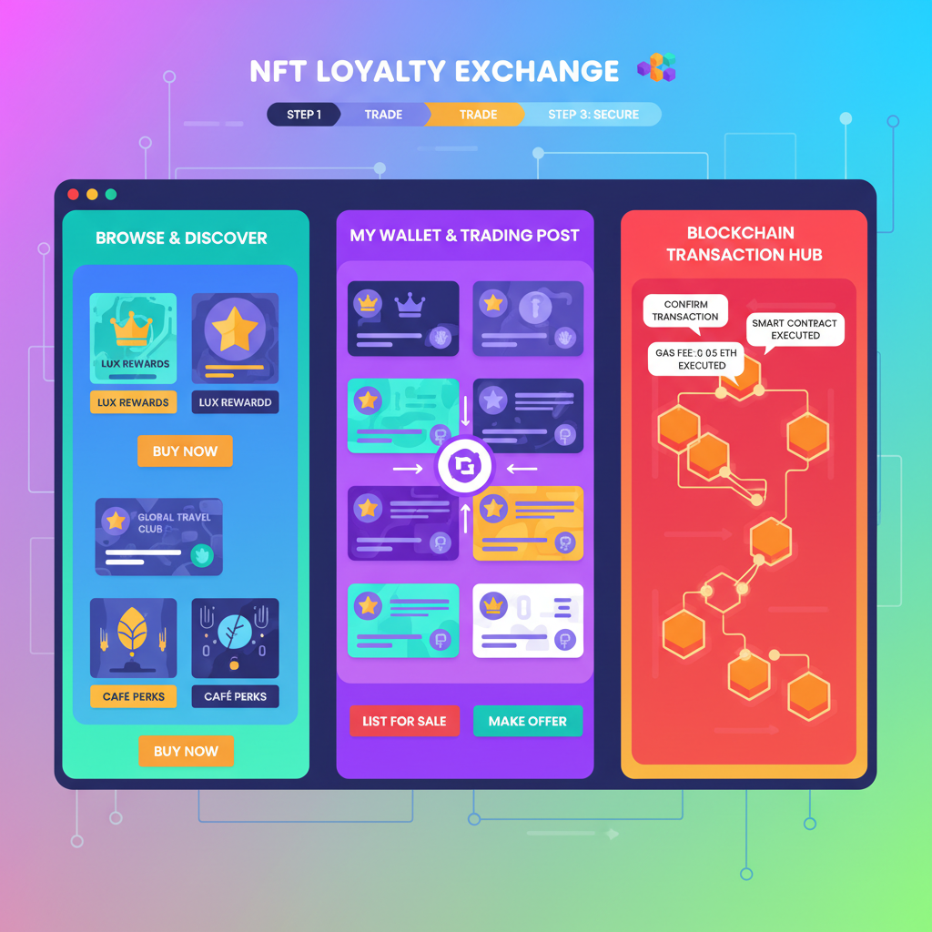 NFT loyalty card marketplace trading interface on blockchain, vibrant digital marketplace scene