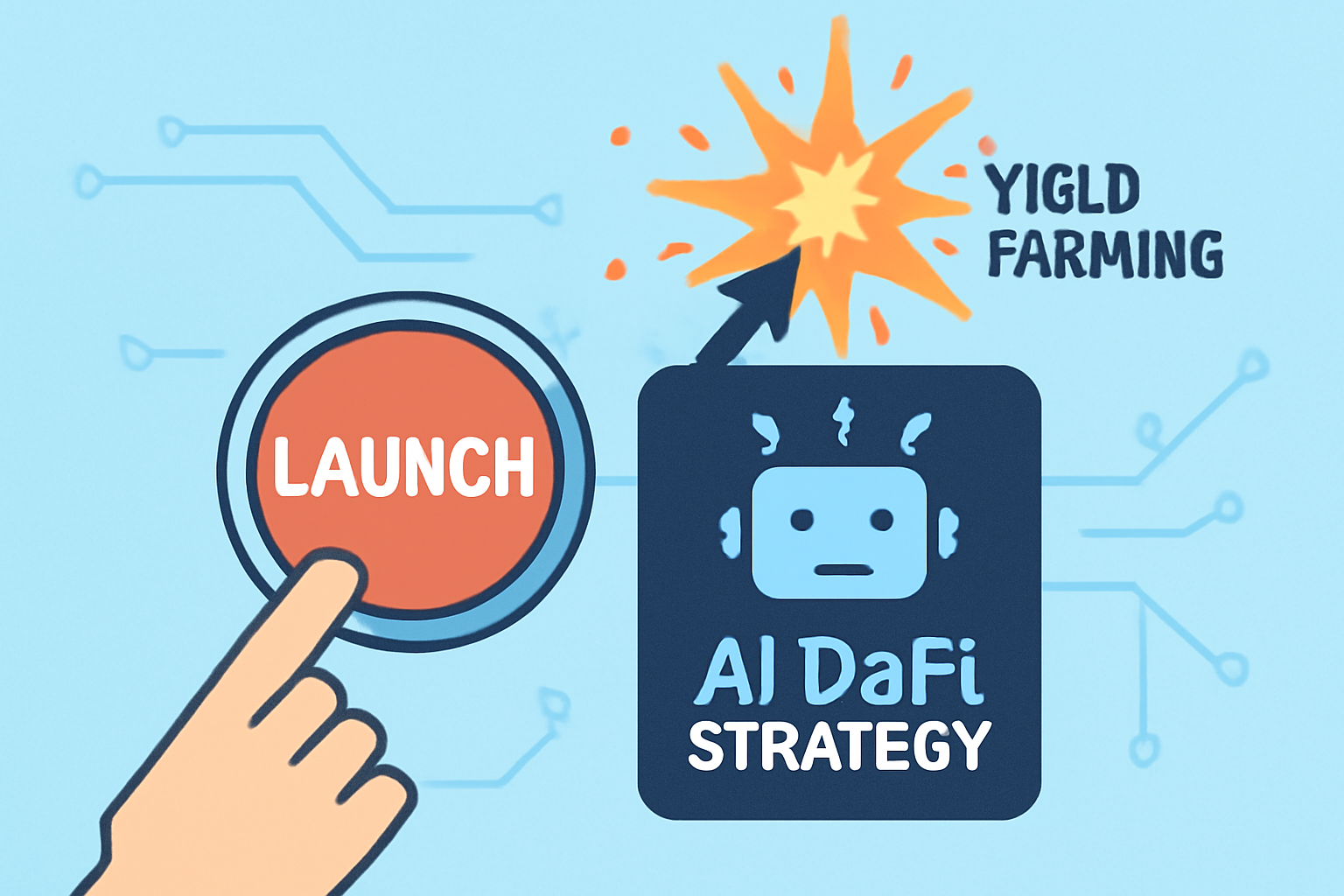 one-click launch button activating AI DeFi strategy, explosive yield farming visuals, high-tech activation