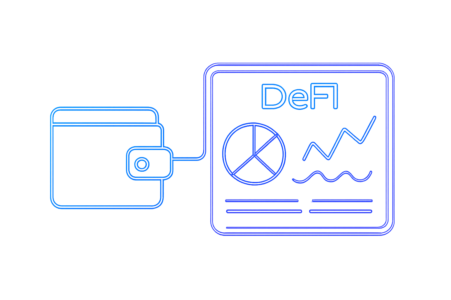 sleek futuristic wallet icon connecting to glowing DeFi dashboard, neon blues and purples, cyberpunk aesthetic