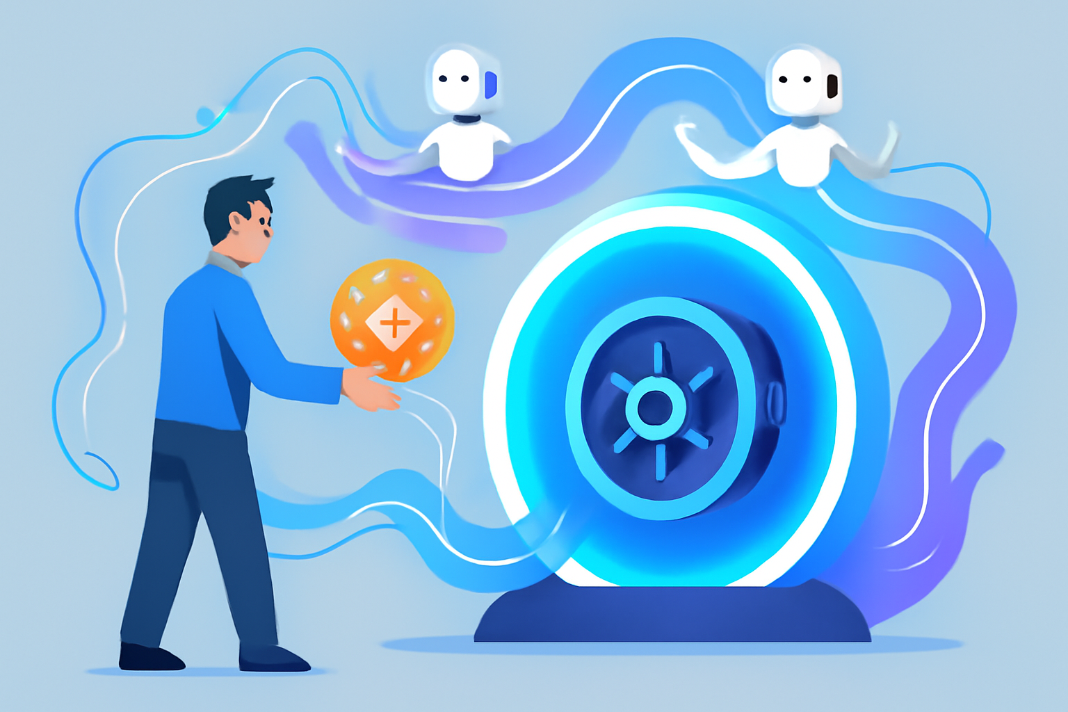 user depositing crypto into glowing vault portal, AI agents orchestrating flows, ethereal energy streams