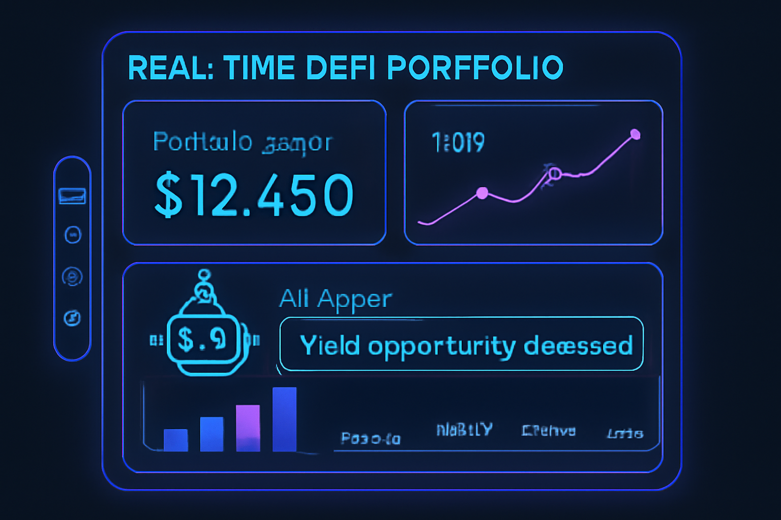 real-time DeFi portfolio dashboard with yield charts and AI agent notifications, modern UI neon glow