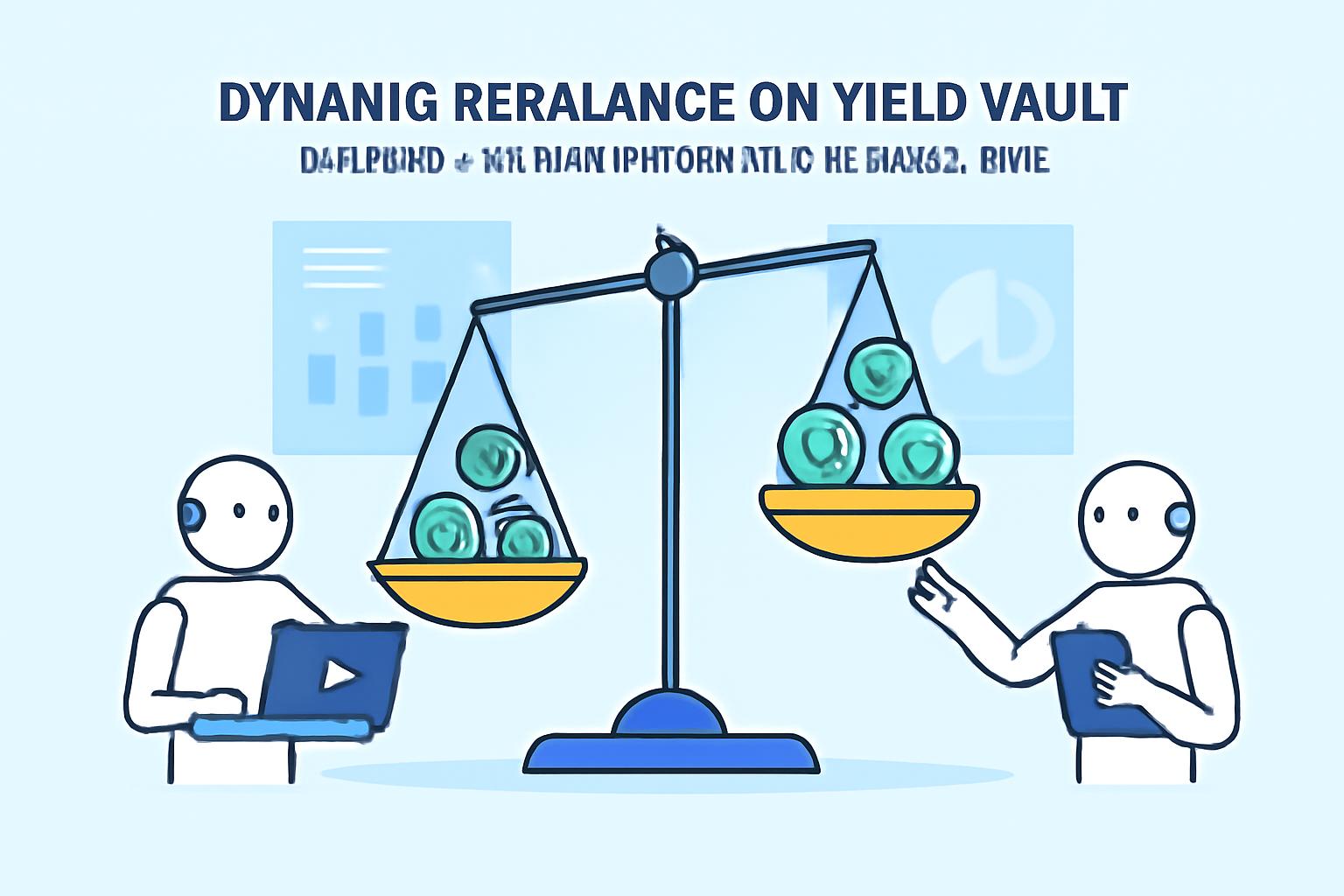AI agents performing dynamic rebalance on yield vault, balance scales adjusting in real-time, futuristic graphs
