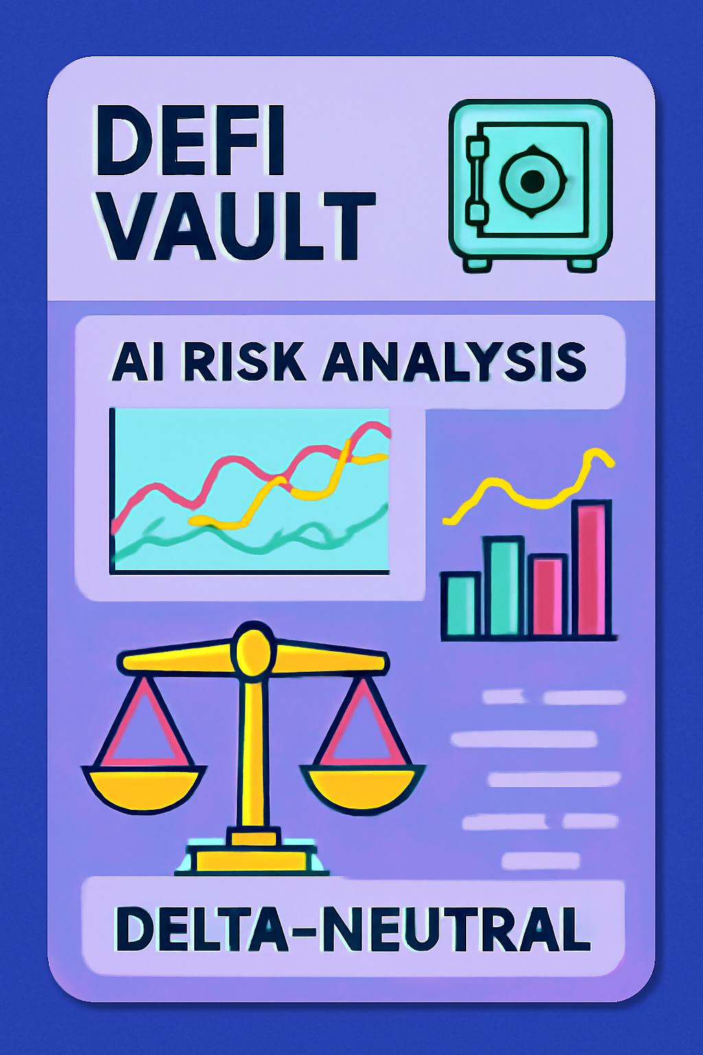 detailed DeFi vault card with AI risk analysis graphs, balanced scales for delta-neutral, vibrant digital art