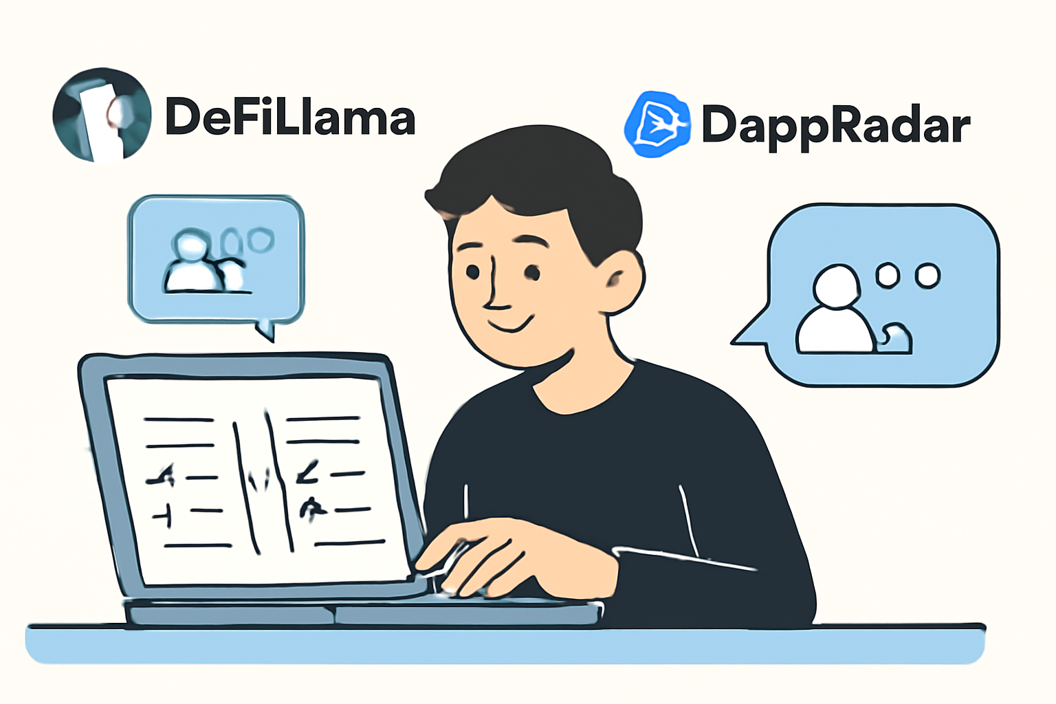 A user comparing different DeFi platforms on a laptop, with logos of DeFiLlama and DappRadar visible, and community chat bubbles in the background.