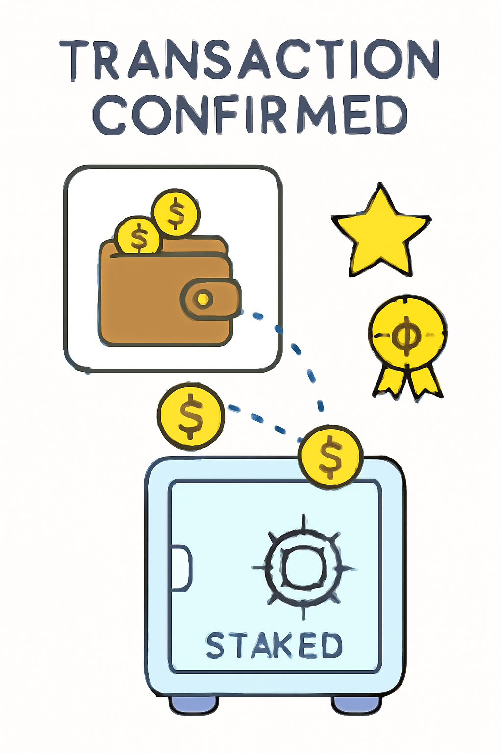 A transaction confirmation screen with a wallet pop-up, and tokens moving into a 'staked' vault, with reward icons appearing.