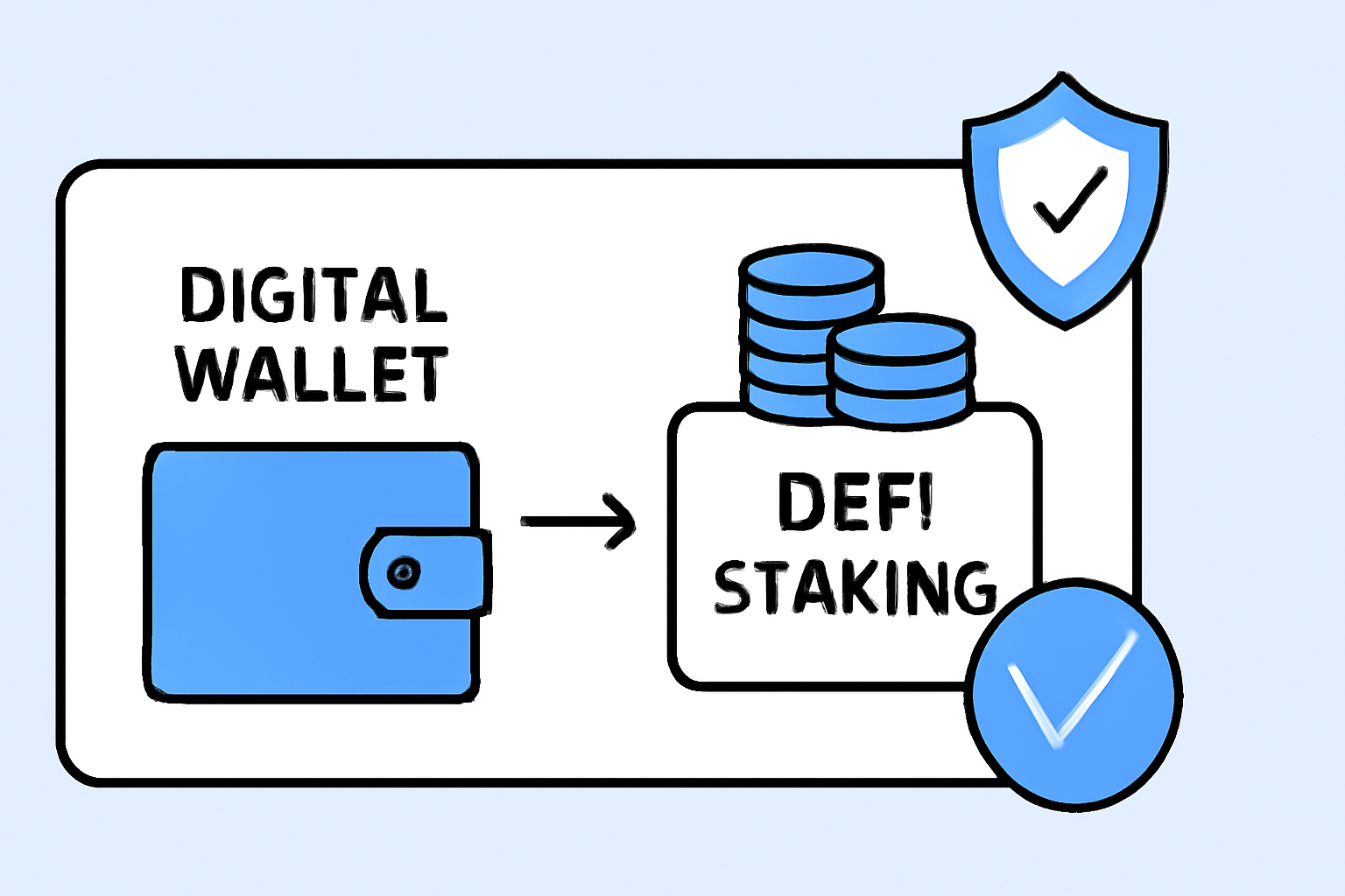 A digital wallet interface connecting to a DeFi staking platform, with a security shield icon and a confirmation checkmark.