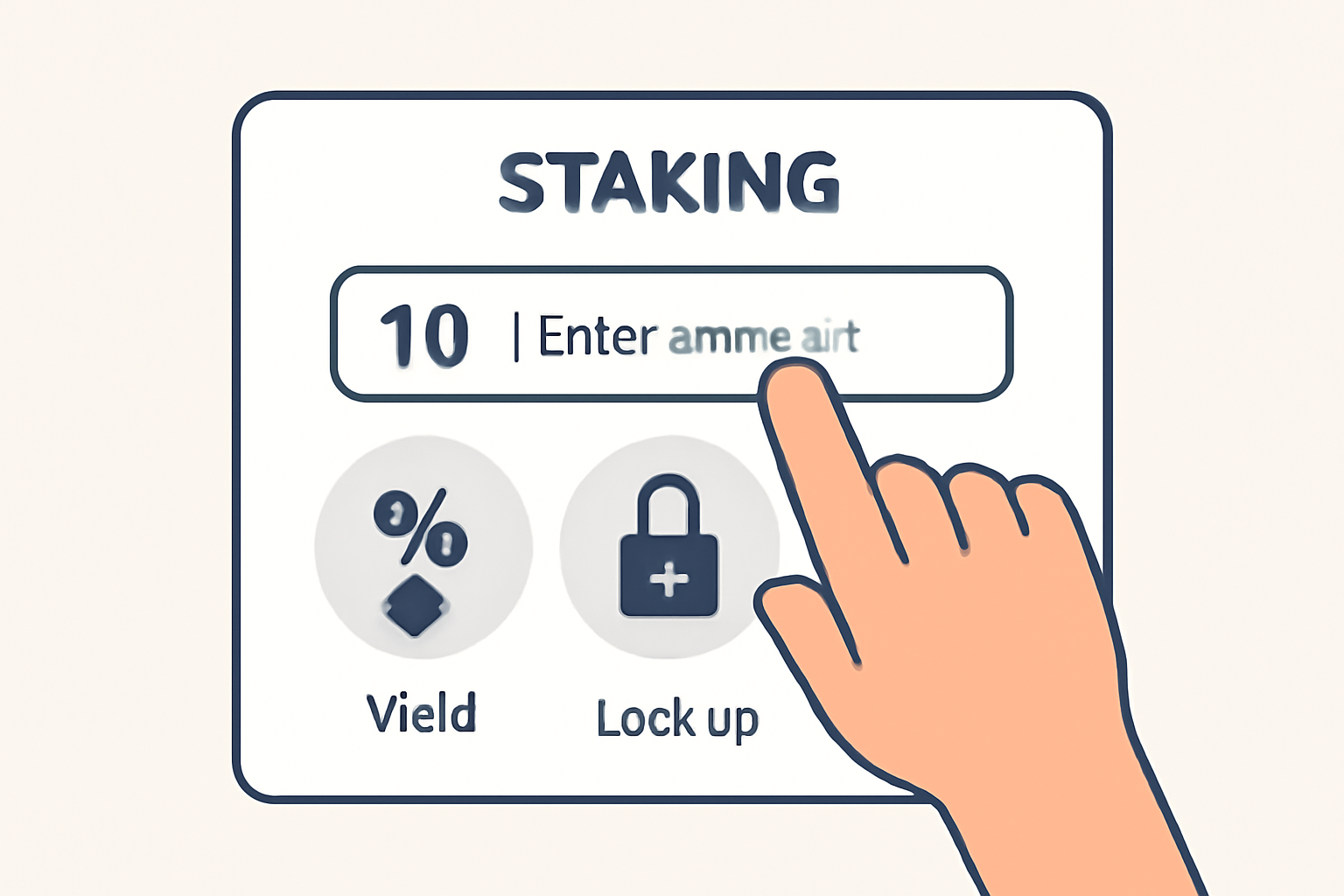 A user entering a token amount into a staking form, with icons for yield, lock-up period, and a liquid staking token (like stETH).