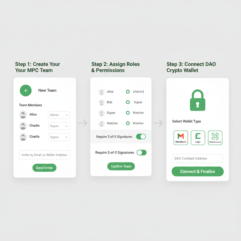 clean web interface showing MPC team creation inviting members assigning roles, DAO crypto wallet setup screen modern UI green accents