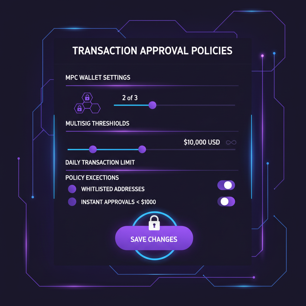 settings panel configuring transaction approval policies MPC wallet multisig thresholds limits, secure crypto dashboard interface purple neon glow