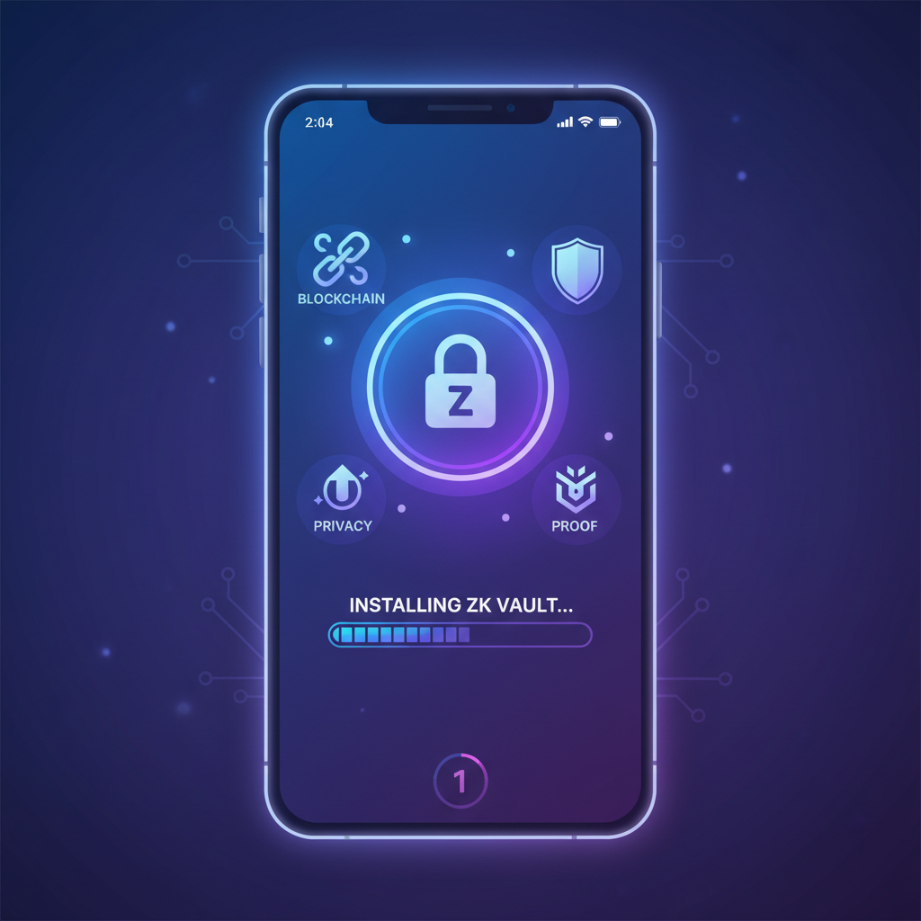smartphone installing futuristic ZK crypto wallet app, neon UI, web3 icons