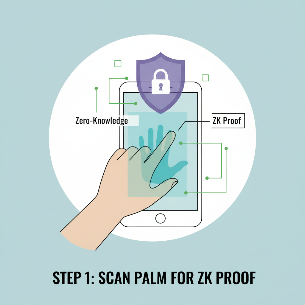 person scanning palm on smartphone for biometric ZK proof, holographic palm scan, privacy shield