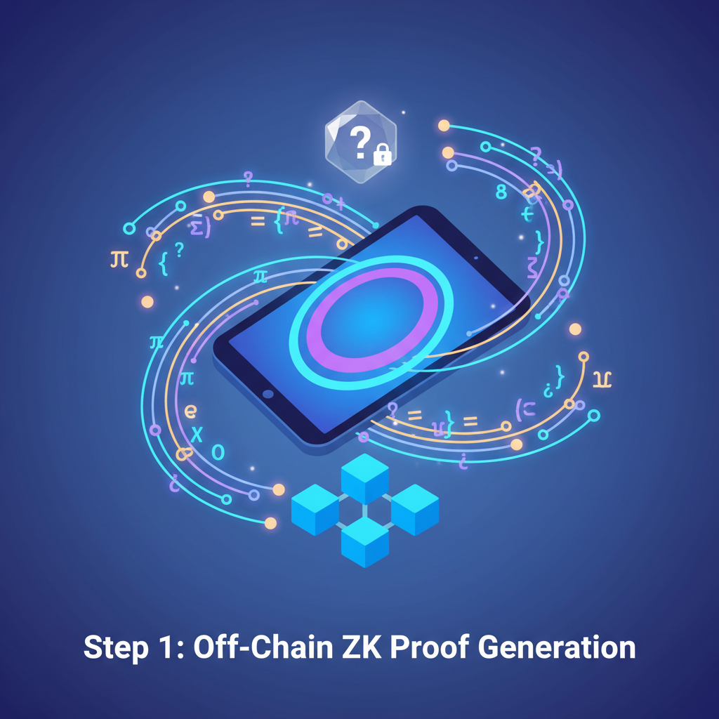 device generating abstract ZK proof off-chain, glowing math circuits, zero-knowledge visuals
