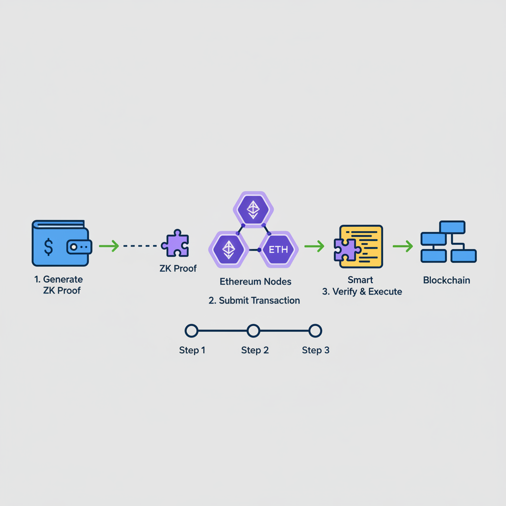 wallet submitting ZK proof to blockchain smart contract, transaction flow, ethereum nodes