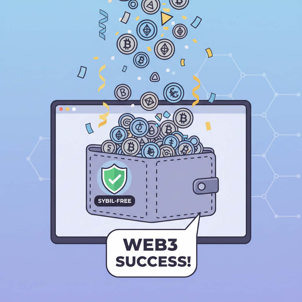 wallet receiving crypto airdrop tokens, sybil-free badge, celebration confetti, web3 success