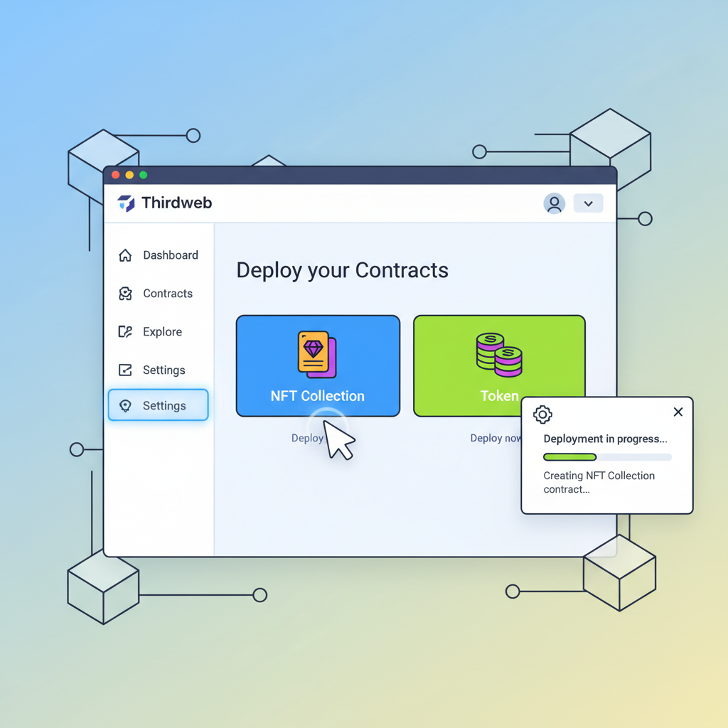 thirdweb dashboard deploying NFT and token contracts, vibrant UI