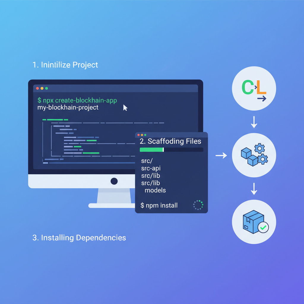 command line initializing blockchain project, code scaffolding animation
