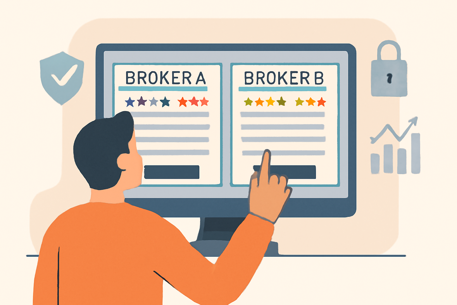 A person comparing online brokerage platforms on a computer, with security icons and stock symbols visible