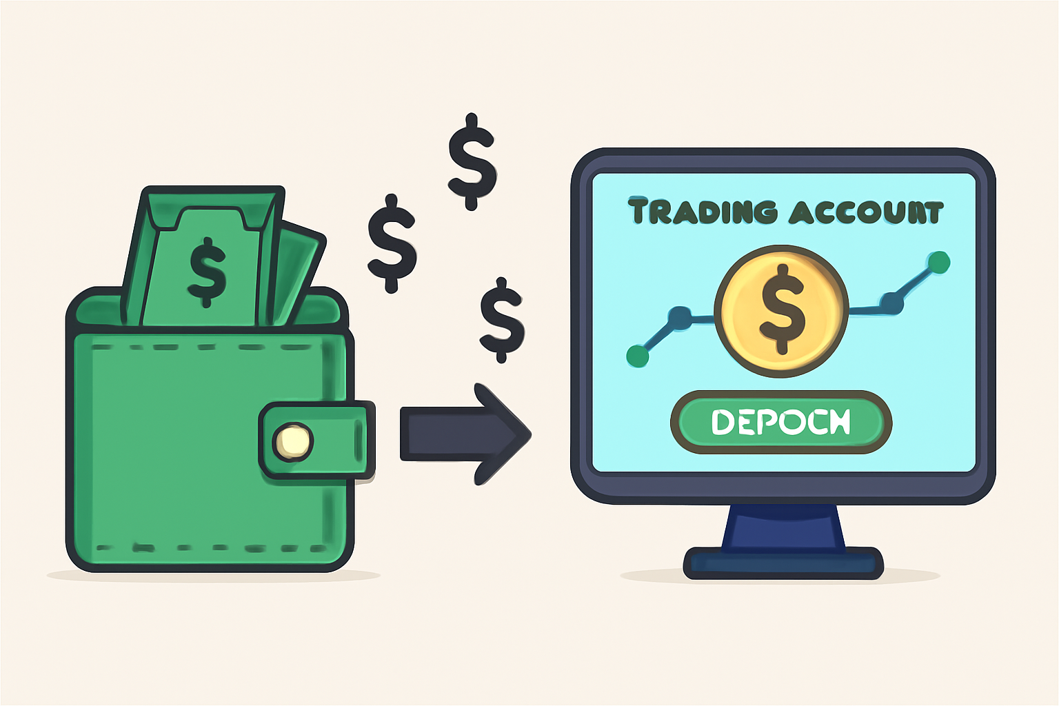 A wallet and a computer screen showing a small deposit being made into a trading account, with dollar signs