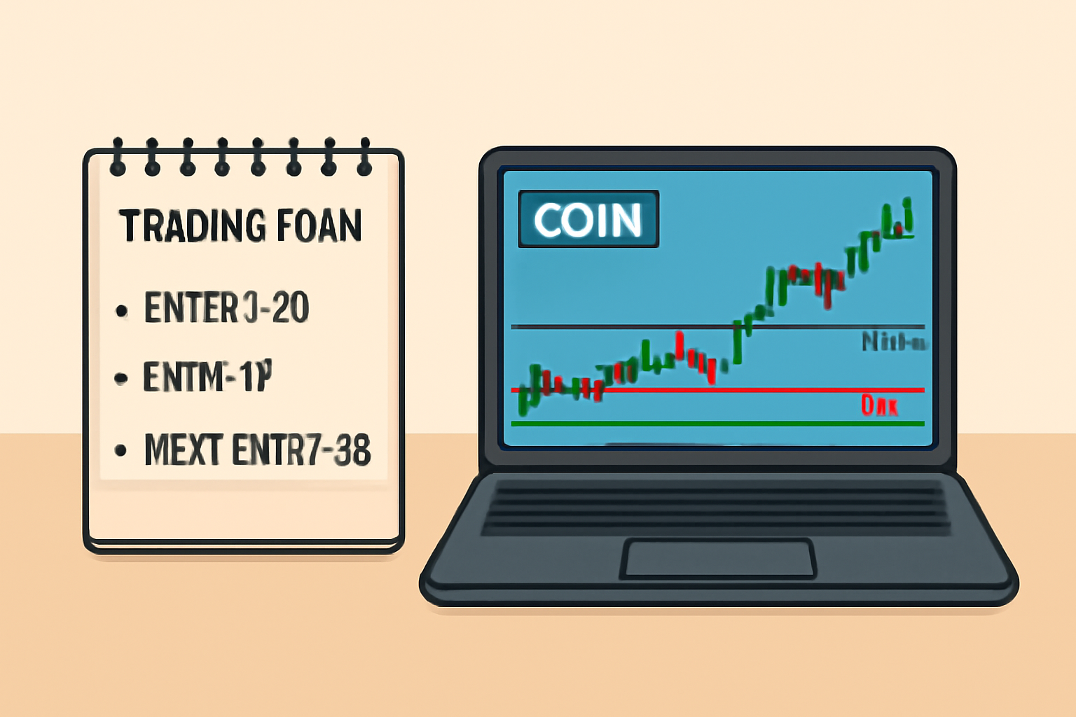 A notepad with a trading plan, including entry and exit points, next to a laptop showing a COIN stock chart