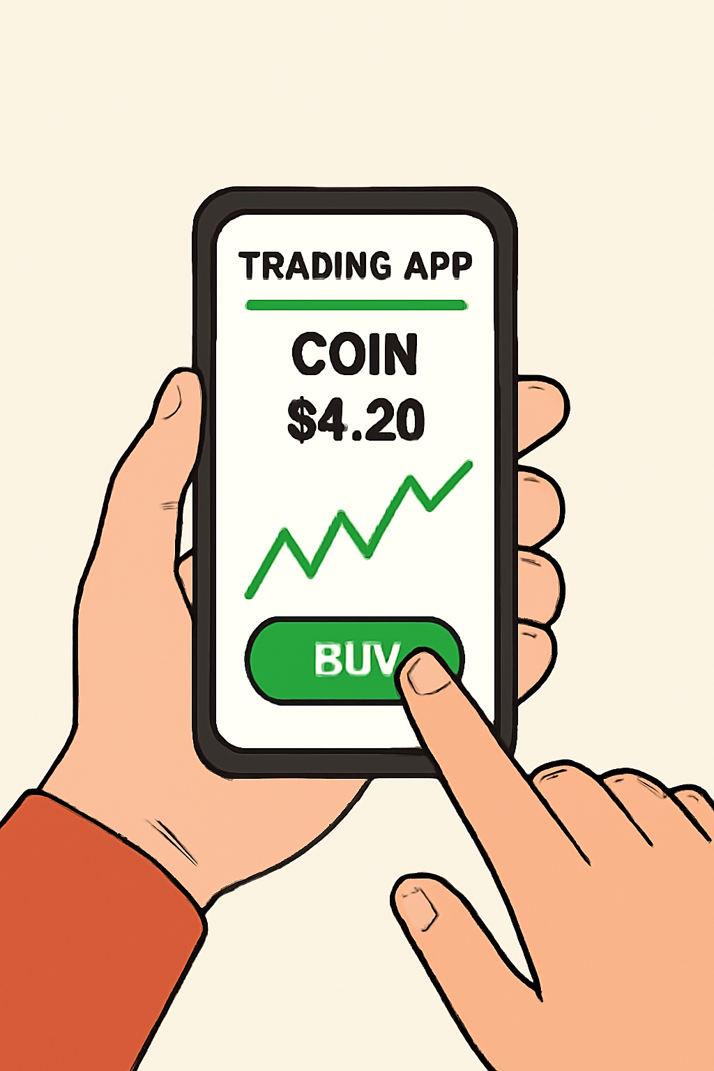 A person clicking 'Buy' on a trading app with COIN stock details and price visible on the screen