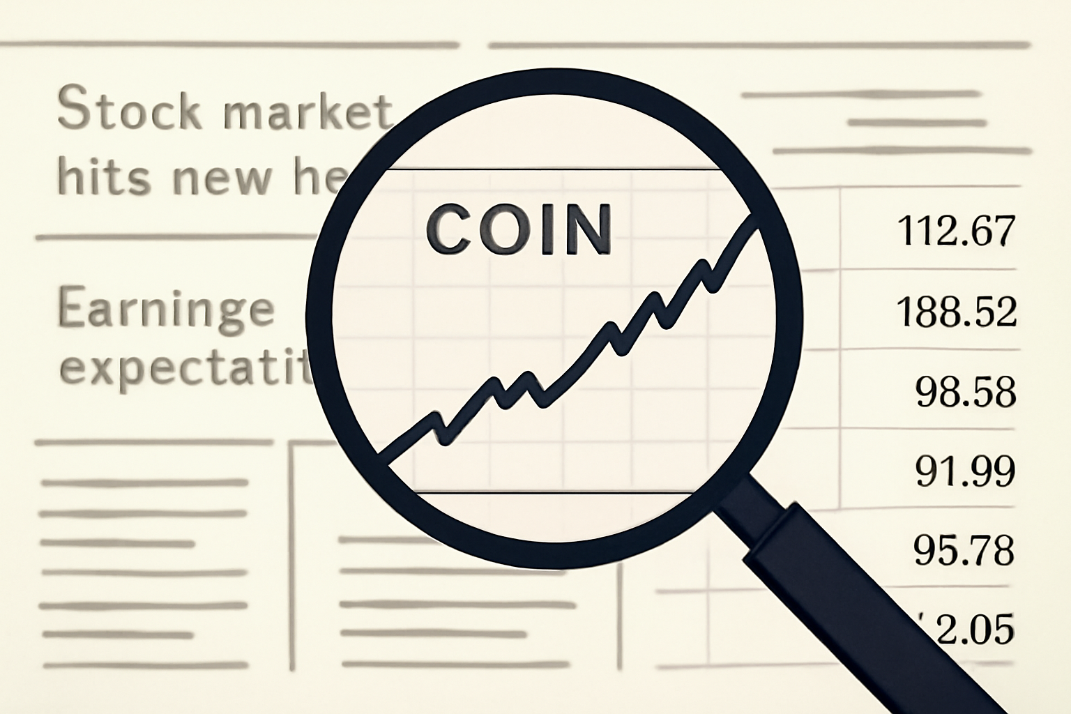 A magnifying glass over a stock chart labeled COIN, with price numbers and news headlines in the background