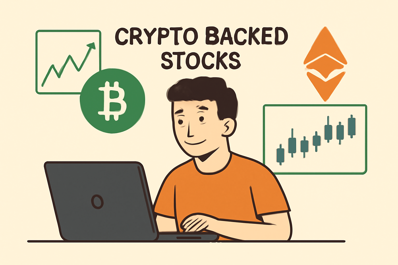A beginner reading about crypto-backed stocks on a laptop, with stock charts and cryptocurrency icons in the background, educational vibe