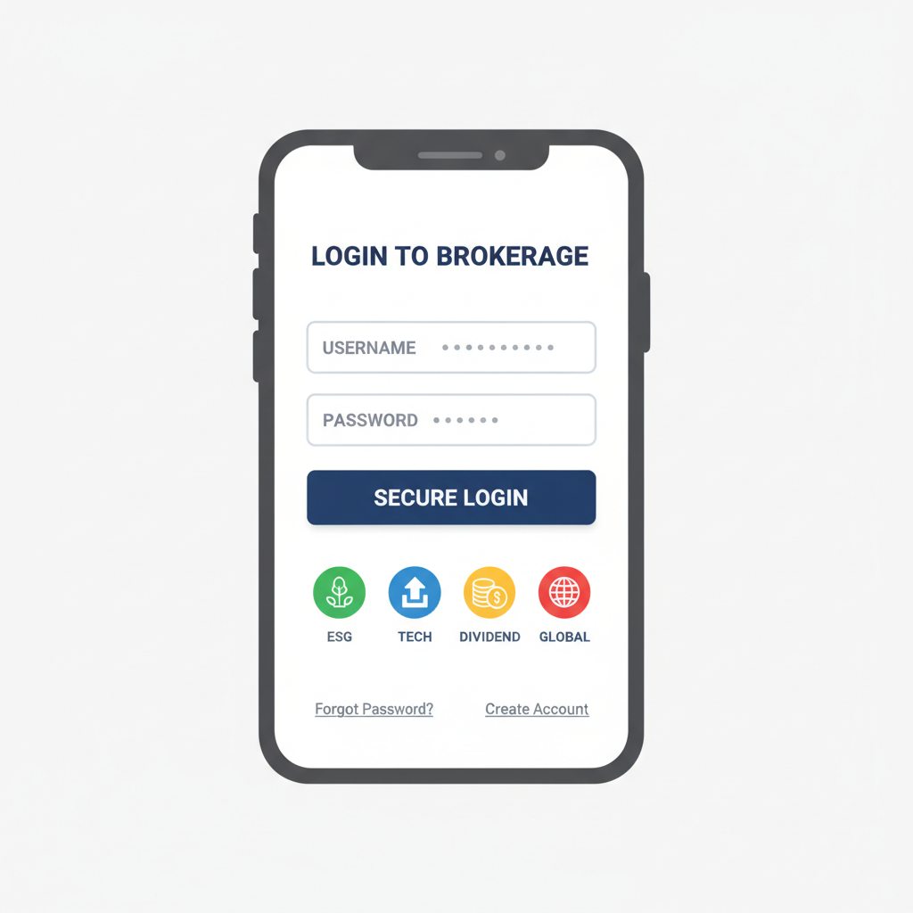 modern brokerage app dashboard on smartphone, Fidelity Schwab logos, clean blue tones, beginner friendly UI