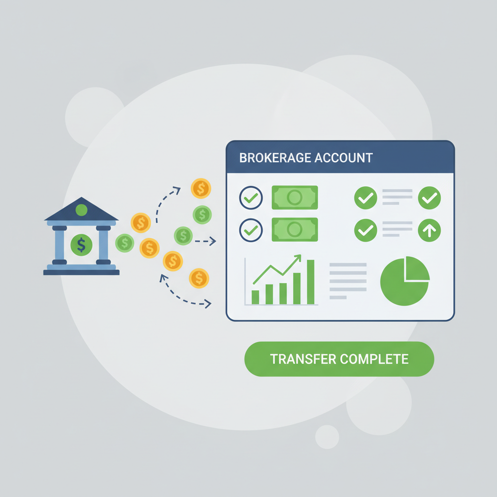 illustration of bank transfer to brokerage dashboard, money icons flowing in, green success indicators