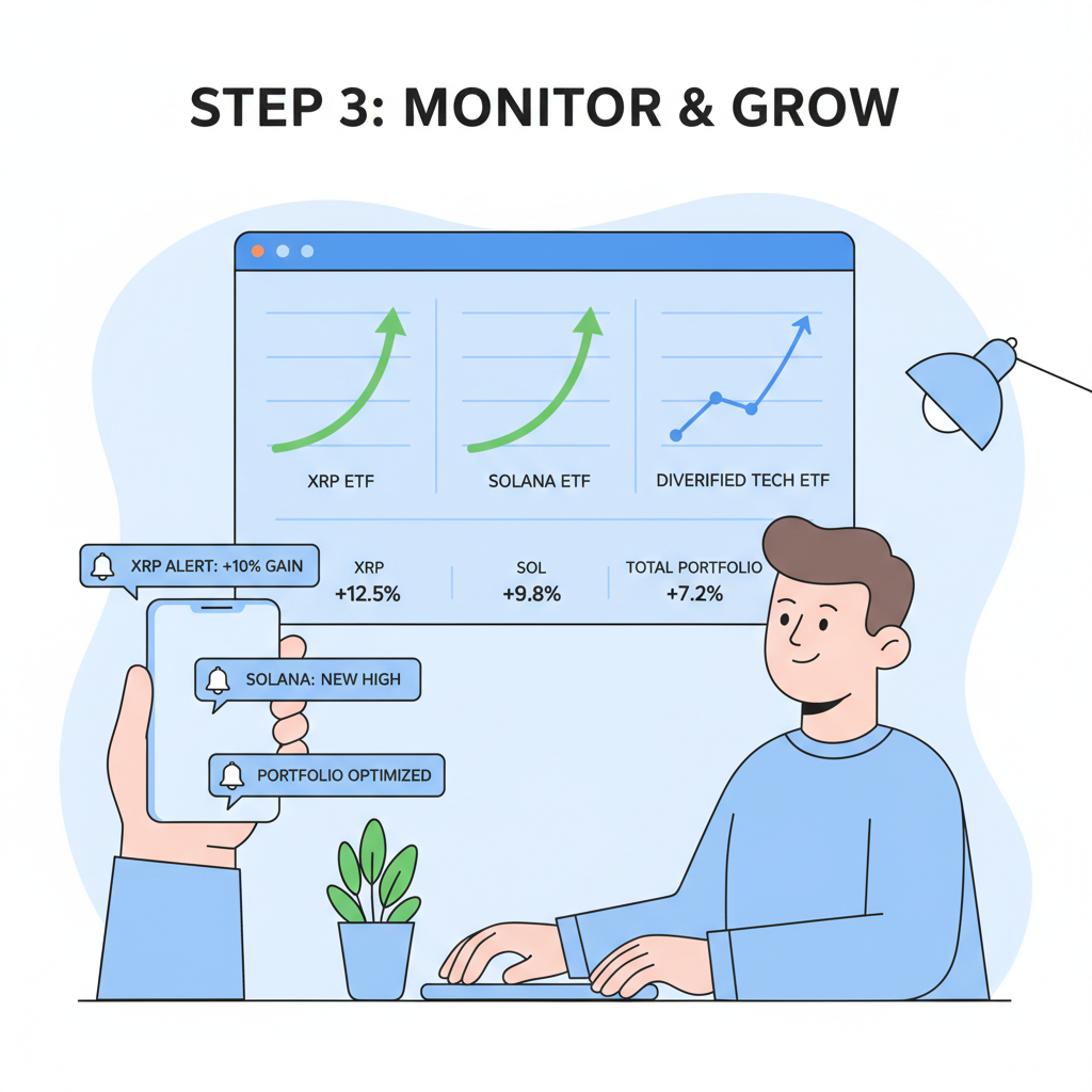 dashboard monitoring ETF portfolio, rising charts XRP Solana, phone notifications, calm investor