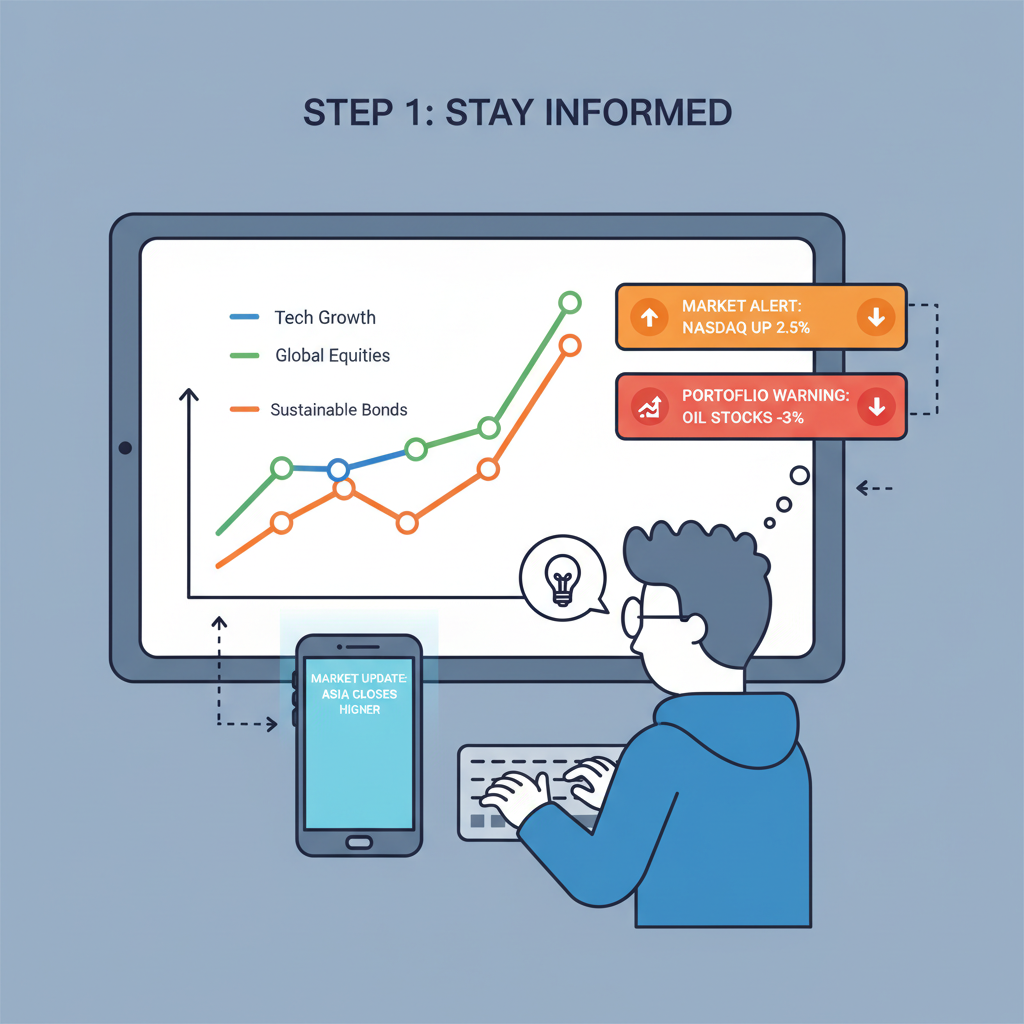 dashboard with portfolio graphs, alerts popping up, phone notification for market update, vigilant investor