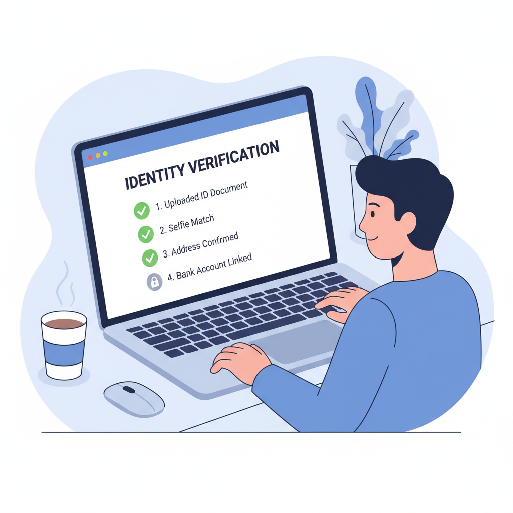 person completing online brokerage signup form on laptop, ID verification step, secure green checkmarks