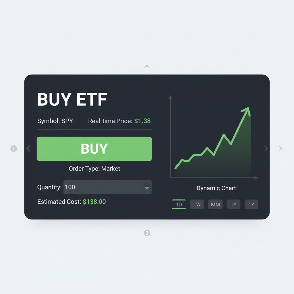trading screen placing buy order for ETF, green buy button, real-time price $1.38, dynamic chart