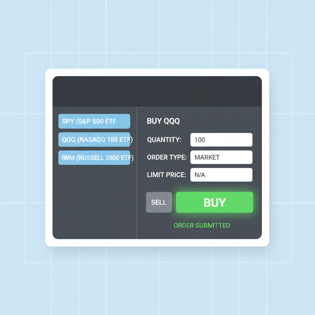 brokerage trading screen with buy order form, ETF symbols highlighted, green buy button pressed