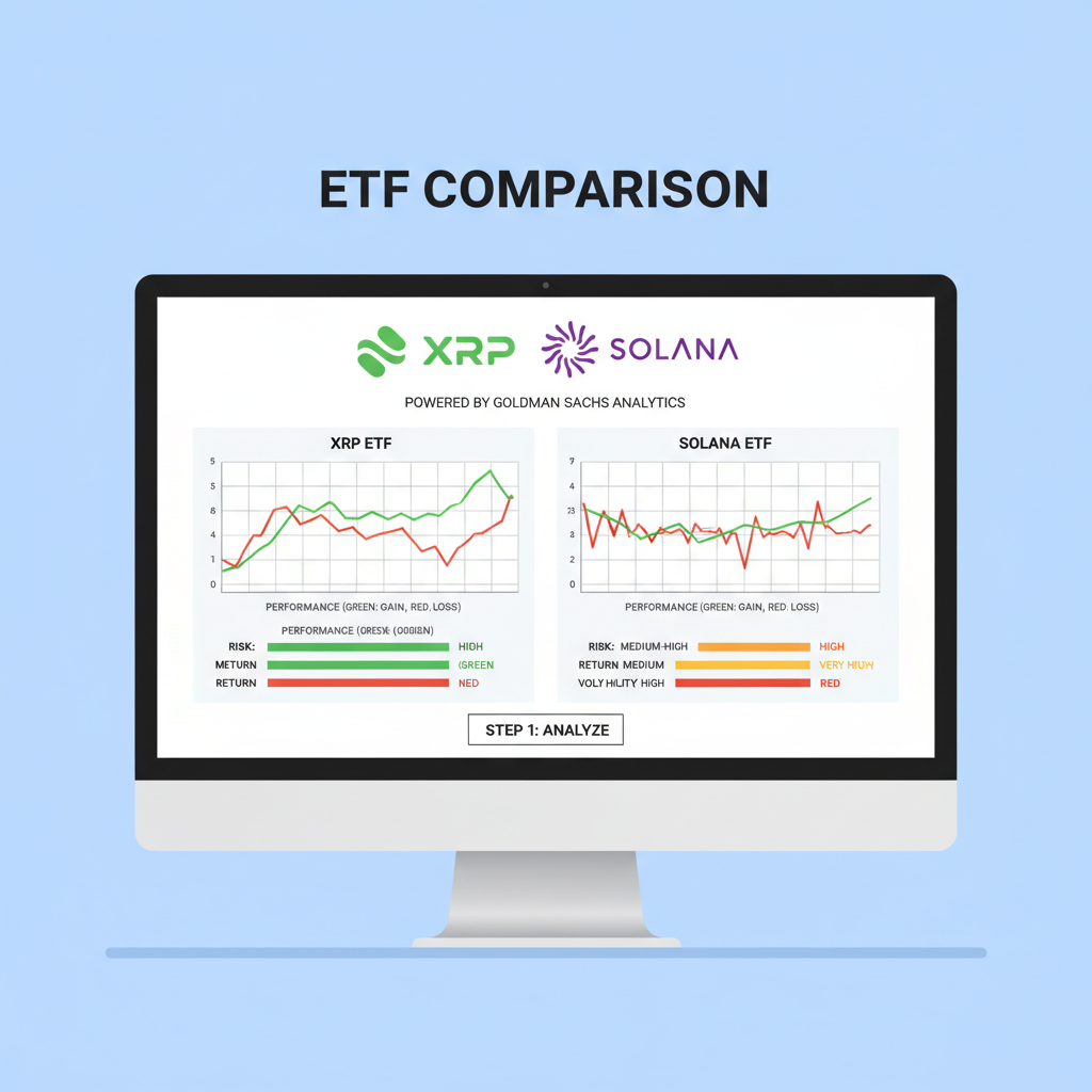 ETF comparison chart on screen, XRP Solana logos, Goldman Sachs mention, analytical graphs green red