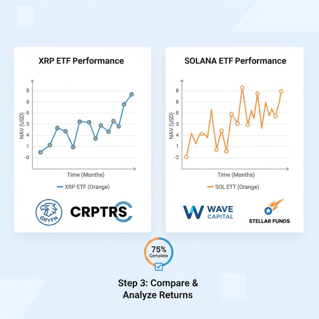 charts comparing ETF performance graphs for XRP and Solana, with issuer logos, analytical dashboard view