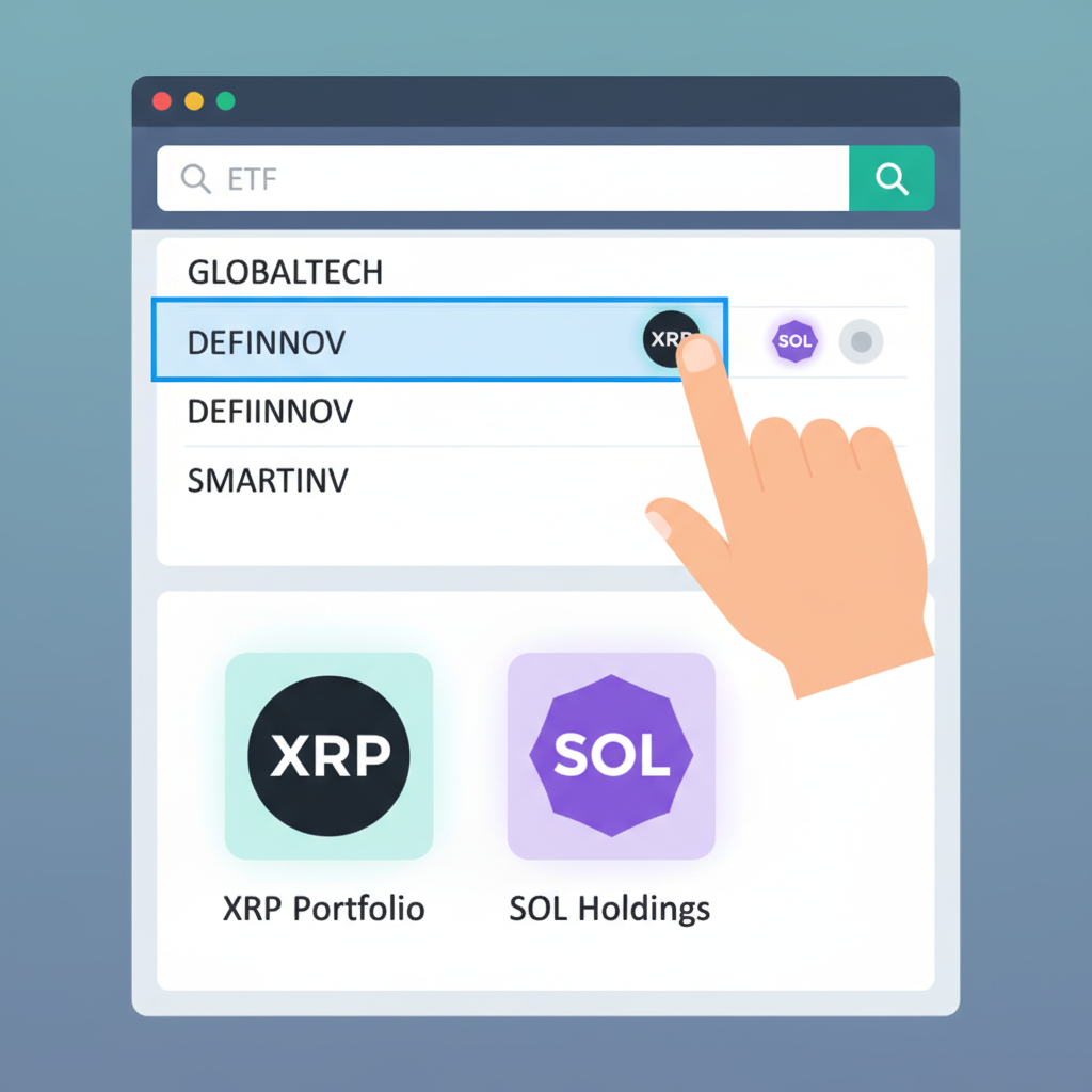 hand selecting ETF ticker on trading platform, XRP SOL icons highlighted, professional interface