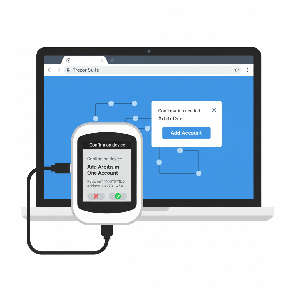 Trezor Suite adding Arbitrum One account, device confirmation screen